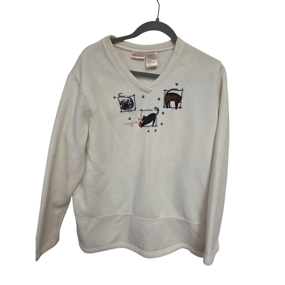 Bobbie Brooks Womens XL Sweatshirt V-Neck Embroidered Cats Tusk White BB3H703